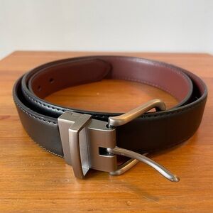 Bulliant, men 50” black brown reversible leather belt with brushed metal buckle